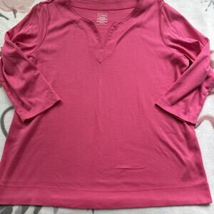 LL Bean XL Hot Pink V-neck 3/4 sleeve knit top Supima Cotton Soft Vibrant